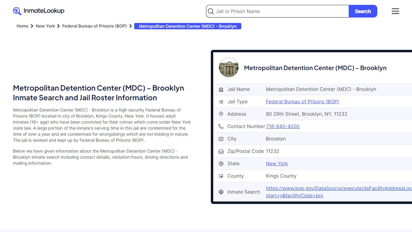 Metropolitan Detention Center (MDC) - Brooklyn Inmate Search, Jail ...